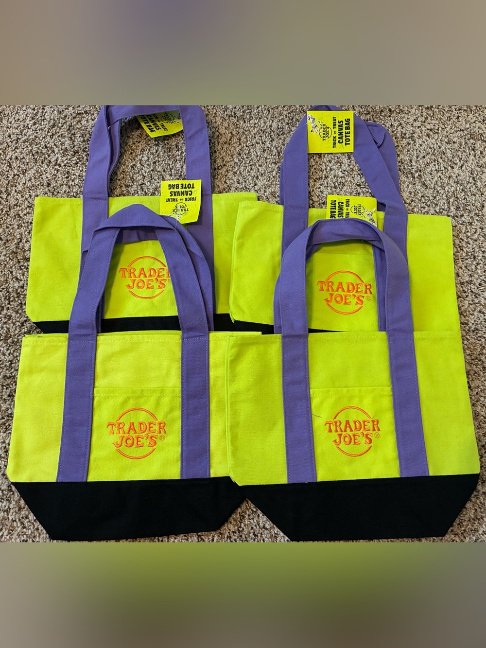 New 4 Trader Joe's canvas tote bags in neon green LIMITED EDITION HALLOWEEN BAGS